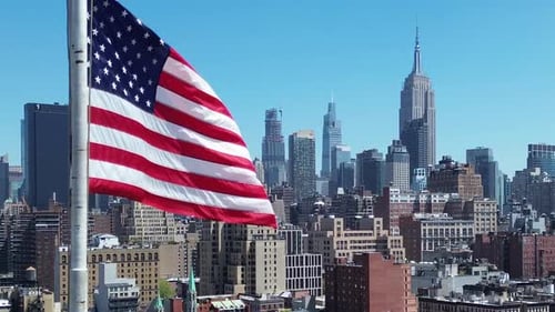 American USA Flag and manhattan skyline