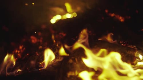 Holzfeuer brennt nachts im Wind