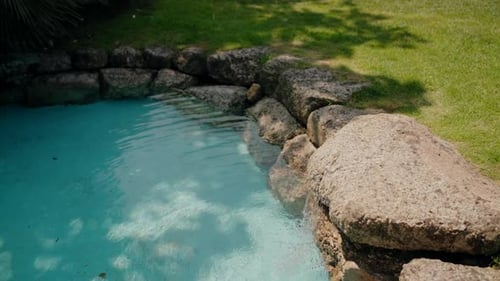 serene rock-bordered pond with clear blue water, set in a lush green garden.