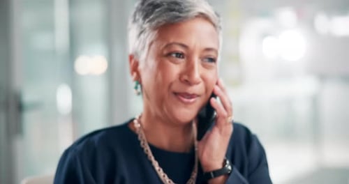 Businesswoman, phone call and happy with communication in office for networking