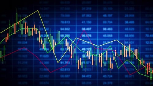 Looping 3D blue candles over market numbers with trend lines
