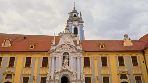 4K Durnstein Abbey with Stift Dürnstein bell tower in the distance in the Wachau Valley along Danube