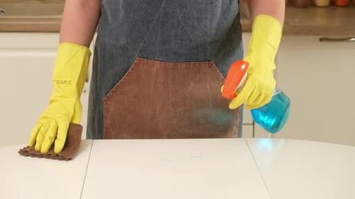 Woman Cleaning White Table with Spray and Rag