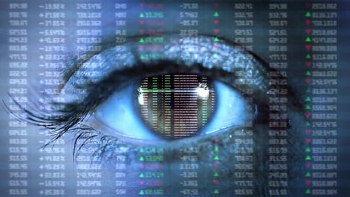 Digital EYE Flug durch Infografiken Börse Digitale Graph Technologie Ui Futuristisch