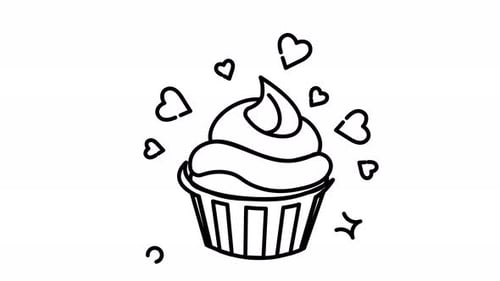 Animierter süßer Cupcake mit Herzen: Eine entzückende Strichgrafik