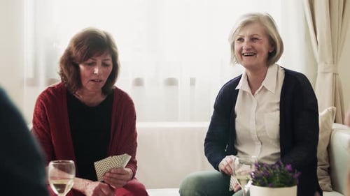 Senior couples enjoying card games and wine at home in a sunny apartment