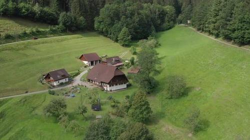 Aerial of a historical, typical old romantic house in valley in the black wood schwarzwald and green