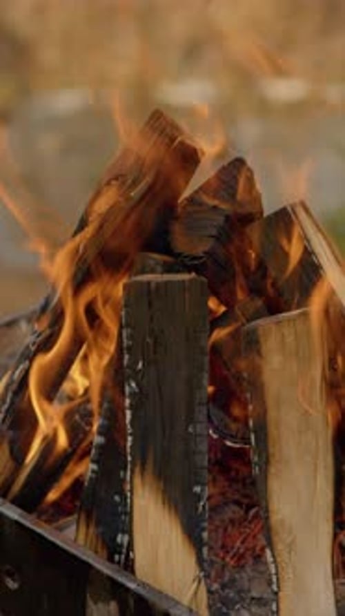 Burning wood flames in portrait orientation video clip