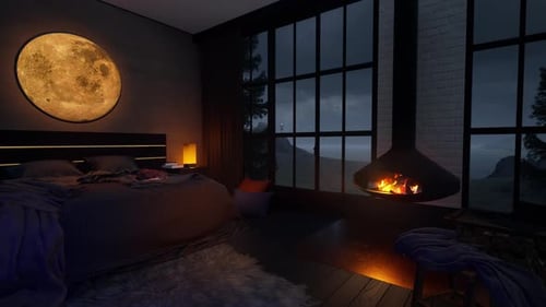 Cozy Bedroom Scene with Rain, Fireplace, and Moon Lamp