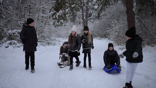 Les enfants font de la luge en hiver