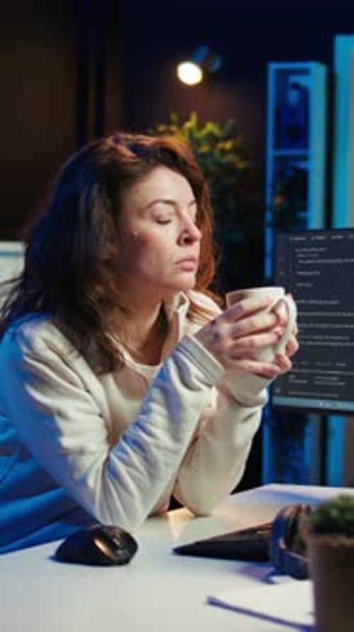 Vertikales Video Fröhlicher IT-Mitarbeiter mit Kaffeetasse und Debugging-Code