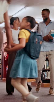 Smile, people and students walk in library with discussion, education ...