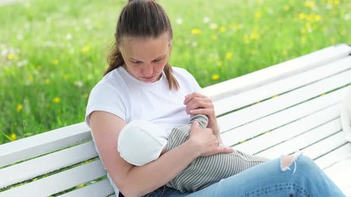 Mother Breastfeeding Baby in Her Arms in Summer Park Beautiful Mom Breast Feeding Her Toddler Child