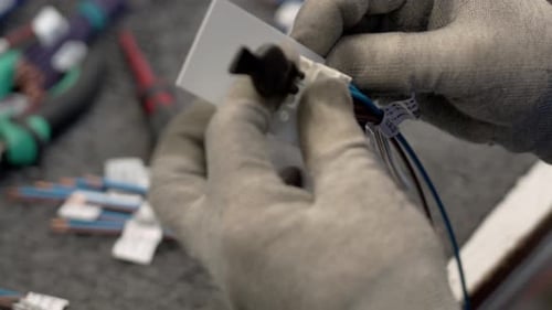 Production workshop technician. A technician in gloves attaches part cables to parts in a production