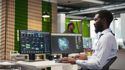 Programmierer unterstützt beim Programmieren mit KI-Sprachmodellen beim Musikhören im Büro