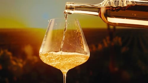 Orange or White Wine Bottle and Glass Against a Sunset in a Peaceful Vineyard Pouring of Ecological