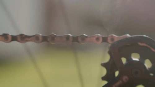 Close-up of a bicycle chain moving smoothly in warm sunlight, focus on the gear mechanism