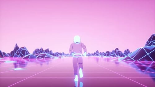 Retro Astronaut Running in Neon Digital Landscape