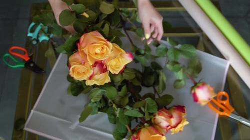 Florist Creating Order Making Bouquet of Roses in Flower Shop Small Business Flowers Delivery Top
