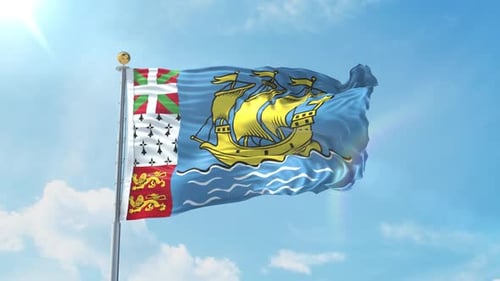 Saint Pierre and Miquelon Flag Waving in Blue Sky