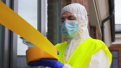 Woman in protective suit taping off window