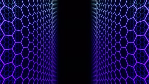 Fondo de animación de bucle de túnel hexagonal de neón azul y morado