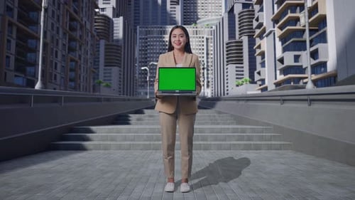 Full Body Of Asian Business Woman Showing Laptop Green Screen On The City Street