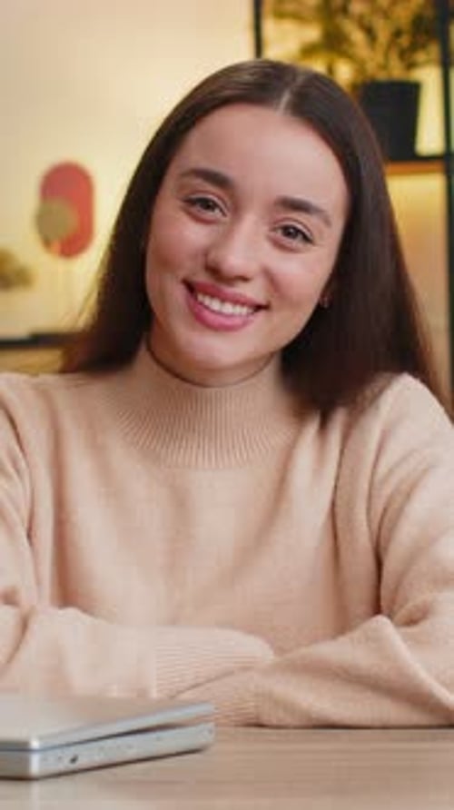 Young Woman Freelancer Sitting at Table Close Laptop Pc After Finishing Work in Office Room at Home