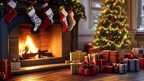 Quarto aconchegante com árvore de Natal decorada, lareira e presentes para as festas