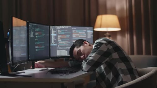 Programmer Sleeping While Creating Innovative Software Engineer Developing App, Program
