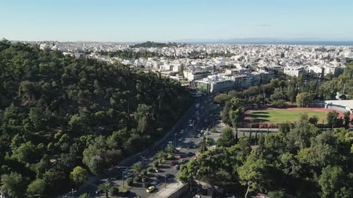 Traffic in Athens center in the midday, aerial footage from drone