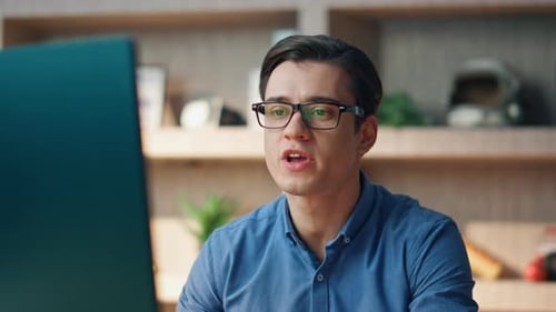 Nervous Creator Videocalling Computer at Office. Closeup Angry Business Man Discussing Project