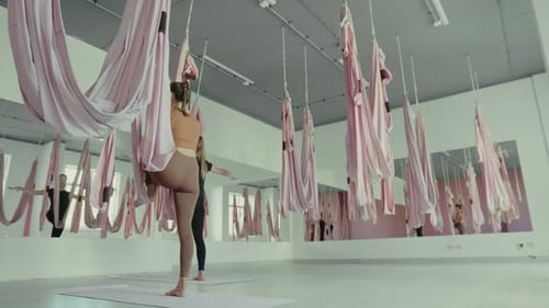 Woman practicing aerial yoga while suspended from hammocks