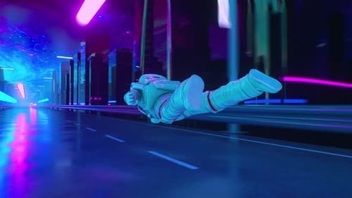 Astronaut Flying on a Cyberpunk World VJ Background Loop