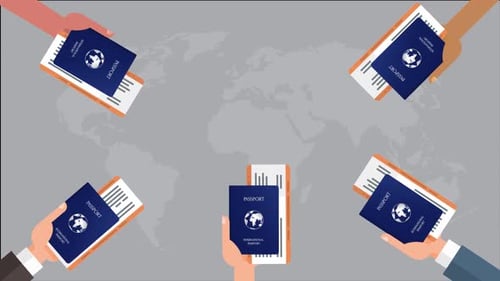 Animated Hands Holding Passports and Tickets on World Map