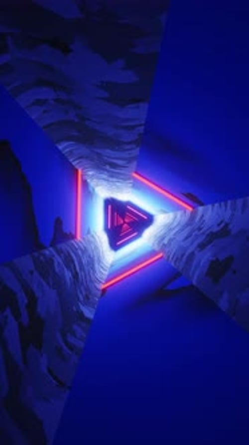 Abstract triangular tunnel with neon triangles in red color. Looped animation