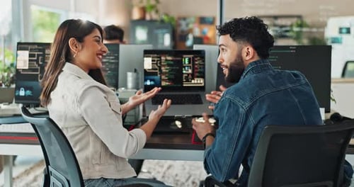 Computer screen, high five and programming with business people in office for software engineering