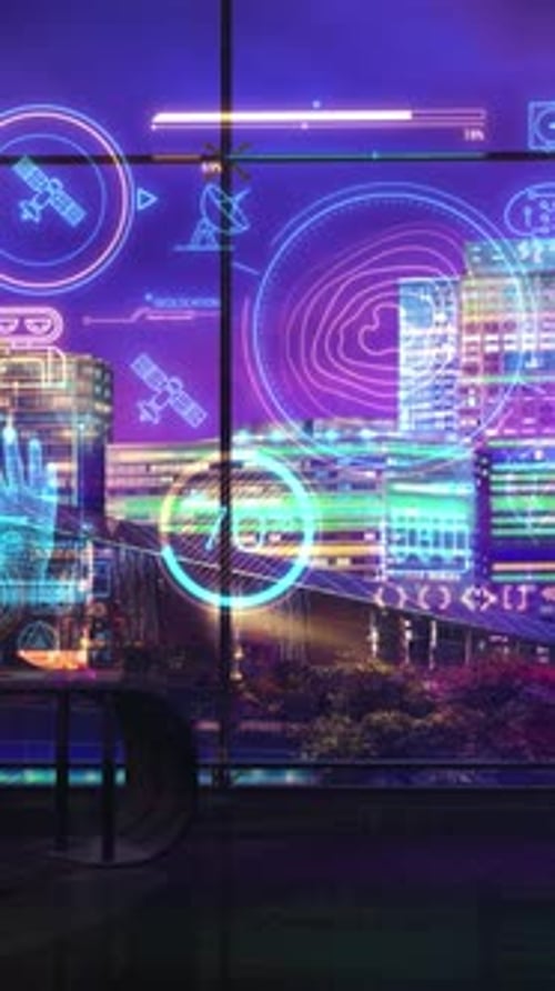 Futuristic Holographic UI Overlay in a Neon Cityscape