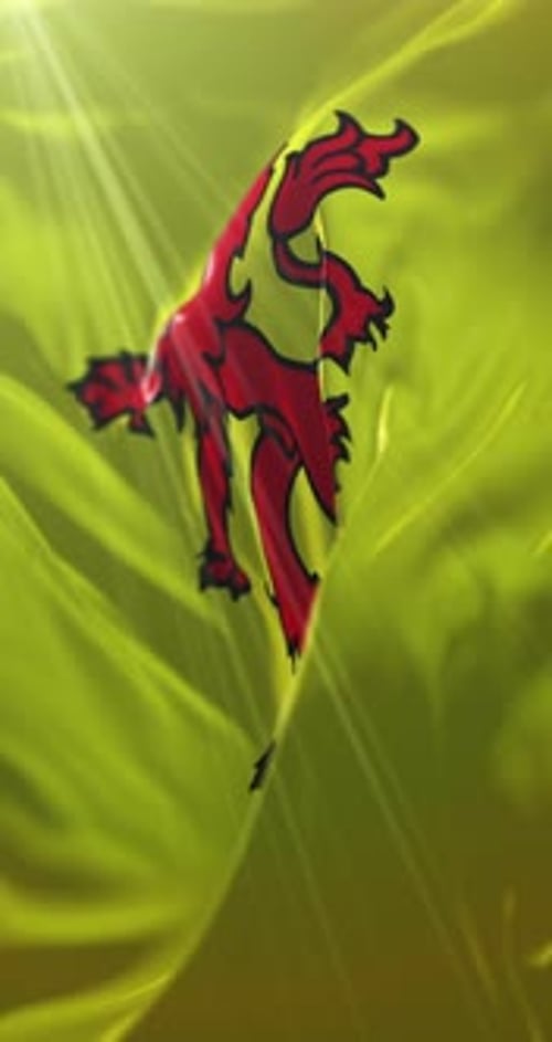 Red Heraldic Beast on Wavy Yellow Fabric Background