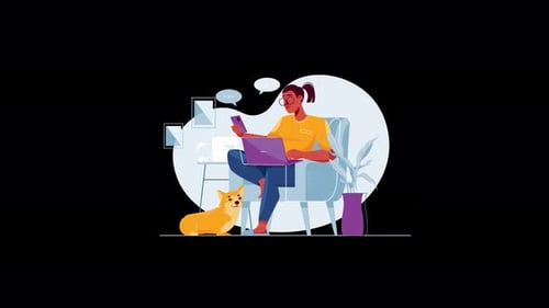 Woman using laptop with dog at her feet in a modern setting.