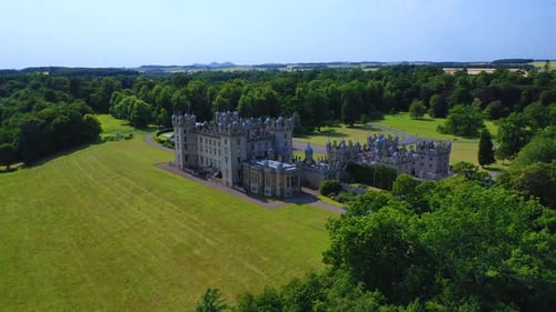 Aerial View of Famous Scottish Castle and Garden in Scottish Borders, Famous Landmark in Kelso, Scot