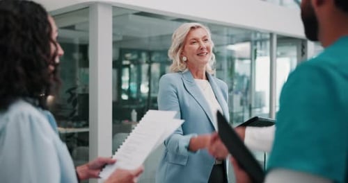 Business people, meeting and handshake with nurse in clinic for healthcare funding success