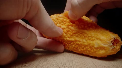 Les doigts ouvrent doucement un melon amer, révélant des graines rouges brillantes à l'intérieur de la peau bosselée d'une orange