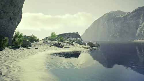 Serene Body of Water with Quiet Surroundings and Meditating Figure