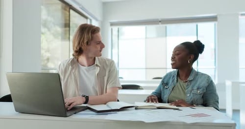 Laptop, team and students writing notes at university, learning statistics or education