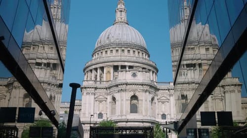 St. Paul's Cathedral Street View Reflected On Building Glass Facade In The City Of London, United
