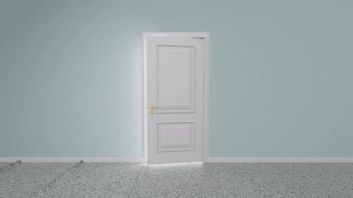 Elegant White Door Opening Transition to Bright Light Reveal