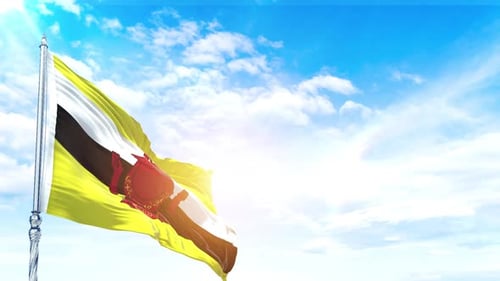 Brunei Darussalam Flag Waving in Realistic Blue Sky