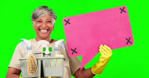 Green screen, cleaning supplies and senior happy woman with speech bubble