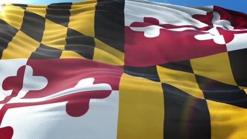 Realistic Maryland State Flag Waving Against Blue Sky Seamless Loop